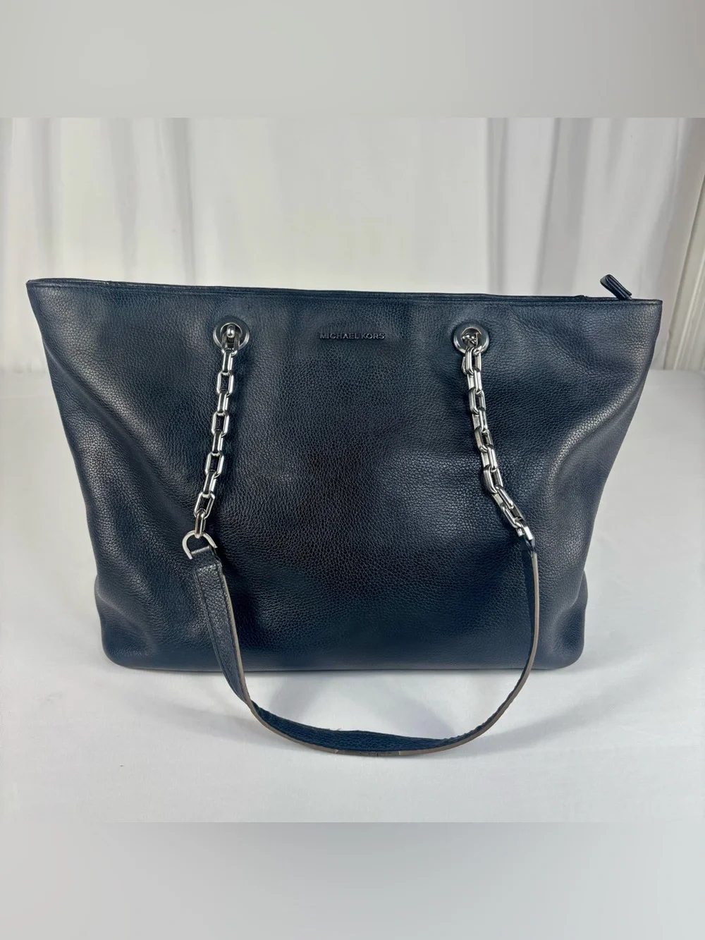 Michael Kors Large Pebbled Leather Chain Tote Bag Navy Silver Hardware